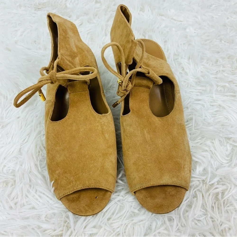 LAUREN RALPH LAUREN tan camel 100% sheep leather open toe suede wedge heels 6.5